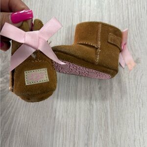 UGG Tan Baby Boots with Pink Ribbon